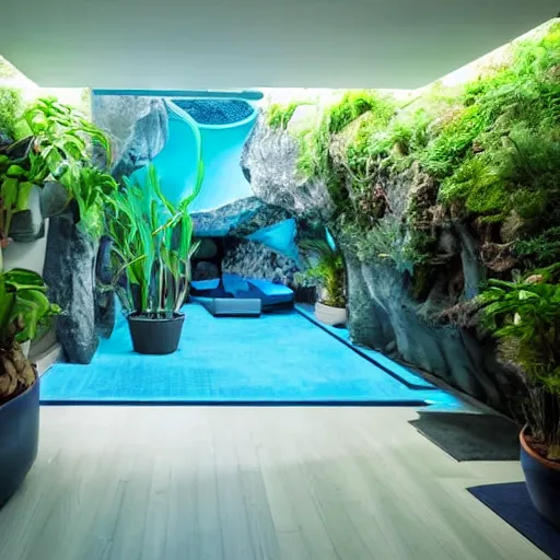 Image similar to a large blue futuristic room, startrek style, filled with plants, vegetation, rocks and a swimming pool.