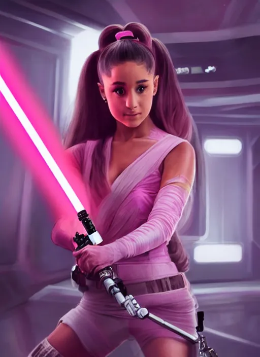 Prompt: An extremely detailed photo of Ariana Grande in the Star Wars universe with two pink lightsabers held in each hand. Maximum detail on artstation, photo realism, vivd details, vivd colour, volumetric lighting