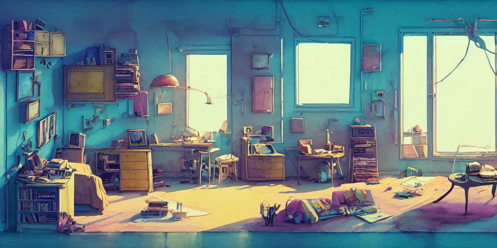 Image similar to room in the canyons, the room is messy and unorganized, bed is not made, trinkets and books everywhere, detailed, artstation, 8 k, sci - fi, pastel colors, props, panel, concept, simon stalenhag, in watercolor gouache detailed paintings, moebius, blueprint, building, living room, detailed, posters, sofa