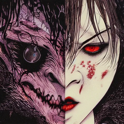 Image similar to closeup of vampire kiss, wax, by yoichi hatakenaka, masamune shirow, josan gonzales and dan mumford, ayami kojima, takato yamamoto, karol bak