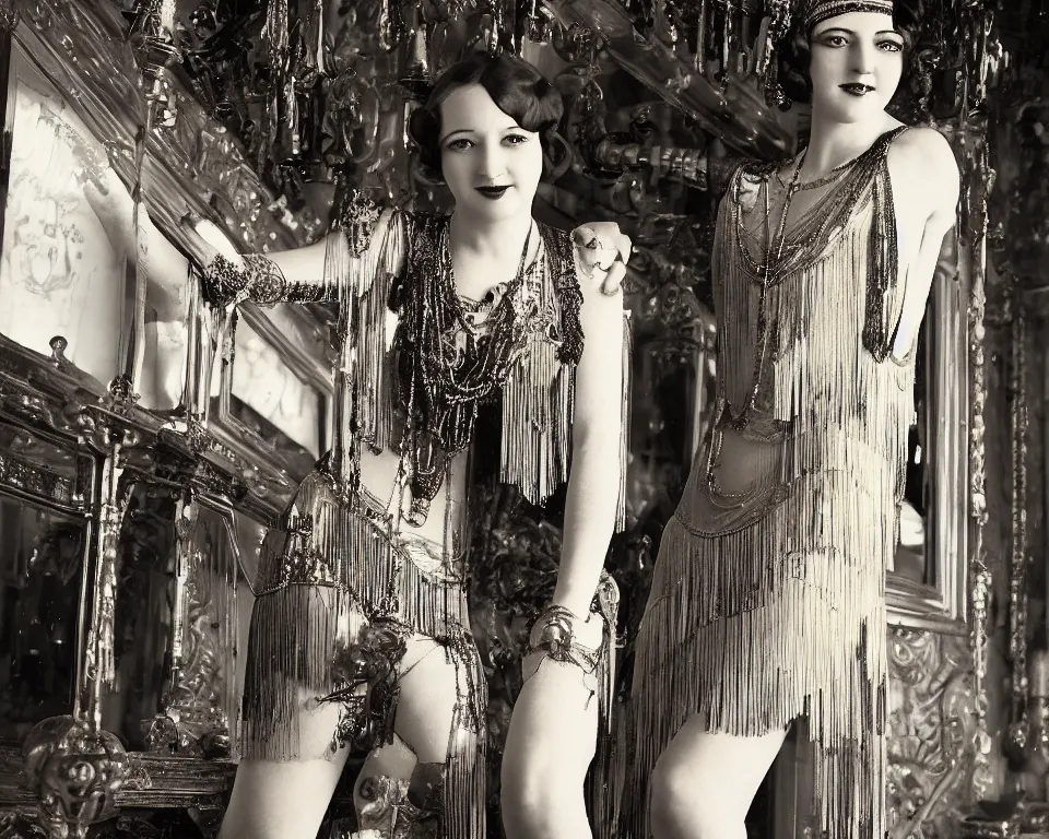 Prompt: photo of a beautiful flapper girl, intricate, elegant, highly detailed, 1 9 2 0's style speakeasy, high ceiling, large cocktail bar, feminine figure, gorgeous, pretty face, full length beautiful body, colourful, 1 9 2 0's cyberpunk,