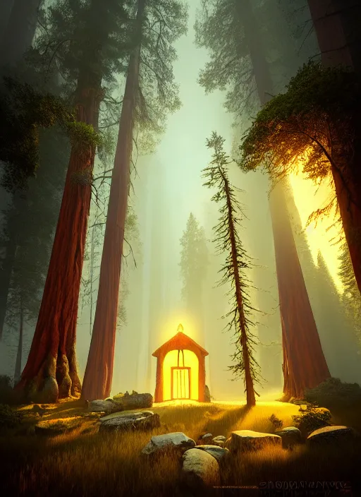 Prompt: random mystic house in sequoia forest incredible, vector art, octane render, fabulous, hyper detailed, random cinematic view, no noise, global illumination, warm lighting, volumetric, godrays, vivid, beautiful, by jordan grimmer