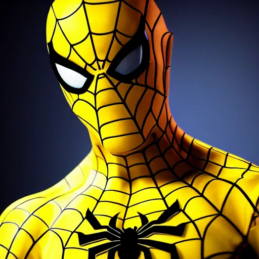 Image similar to still photo of yellow spider - man, highly detailed, photorealistic portrait, bright studio setting, studio lighting, crisp quality and light reflections, unreal engine 5 quality render