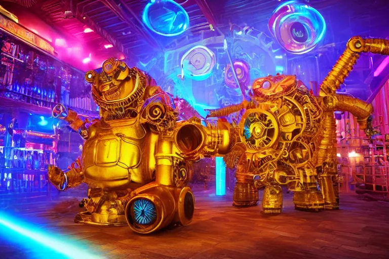 Image similar to scene is fiesta espuma in amnesia ibiza, portrait photo of a giant huge golden and blue metal steampunk robot, with gears and tubes, eyes are glowing red lightbulbs, shiny crisp finish, 3 d render, 8 k, insaneley detailed, fluorescent colors, haluzinogetic, background is multicolored lasershow