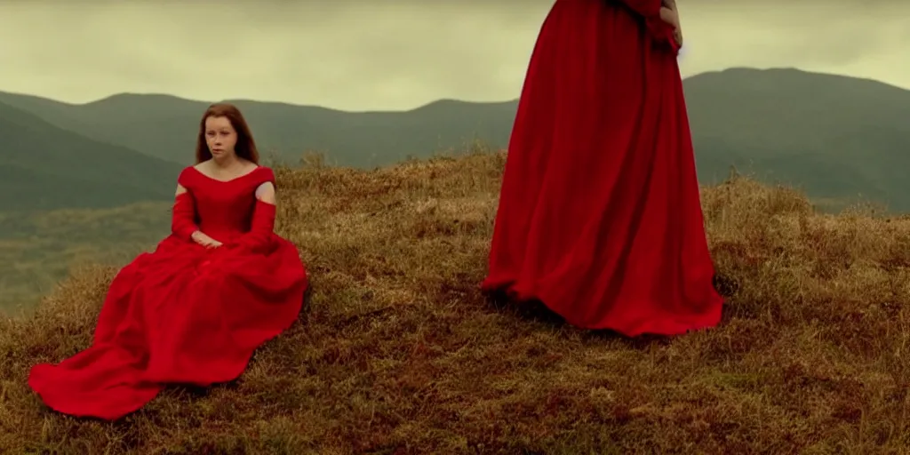 Prompt: film still of closeup a woman in a red dress, sitting on a throne. on a mountain of dead knights. one knight standing on one knee below by emmanuel lubezki