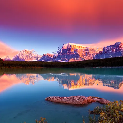 Prompt: lake louis alberta during a sunset, 4k, high detail, high-resolution photograph, professional photography, ultra-detail