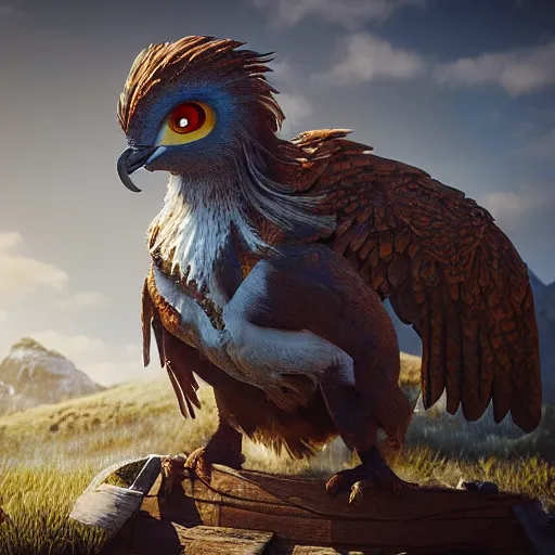 Image similar to griffin over a small hut highly detailed, photorealistic portrait, bright studio setting, studio lighting, crisp quality and light reflections, unreal engine 5 quality render