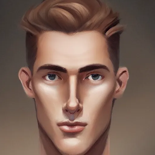 Image similar to tall man in his twenties with brown blond short quiff hair and thin slightly round facial structure with cleft chin, straight eyebrows and prominent nose, good definition of cheekbones, big hazel nut brown eyes, narrow face, slim body, atmospheric lighting, painted, intricate, 4 k, highly detailed by charlie bowater