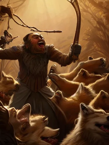 Image similar to a screaming man holding a quartestaff. surrounded by a pack of wolves. intricate, elegant, highly detailed, digital painting, artstation, concept art, sharp focus, illustration, by justin gerard and artgerm, 8 k