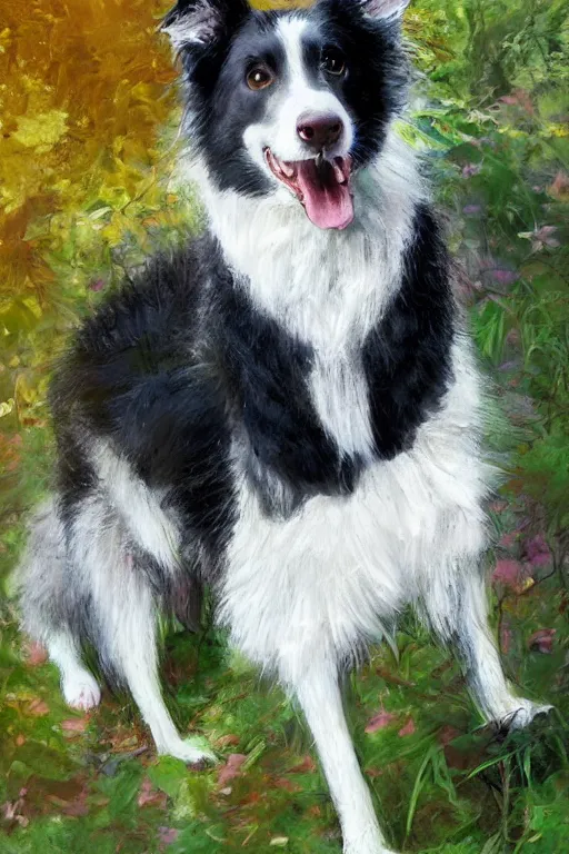 Image similar to portrait of a cute male anthropomorphic border collie fursona wearing a suit in a sunny glade. by henry asencio, jon foster, and ross tran. scenic background, highly detailed, concept art, furry, glamor pose, elegant, aesthetic, beautiful, trending on artstation, top rated on furaffinity and deviantart