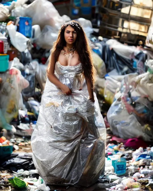 Image similar to a beautiful photo of a Young female with long hair and reflective eyes, Queen of trash wearing a gown made of plastic bags and trash, surrounded by trash all around and in the background, top cinematic lighting , very detailed, shot in canon 50mm f/1.2