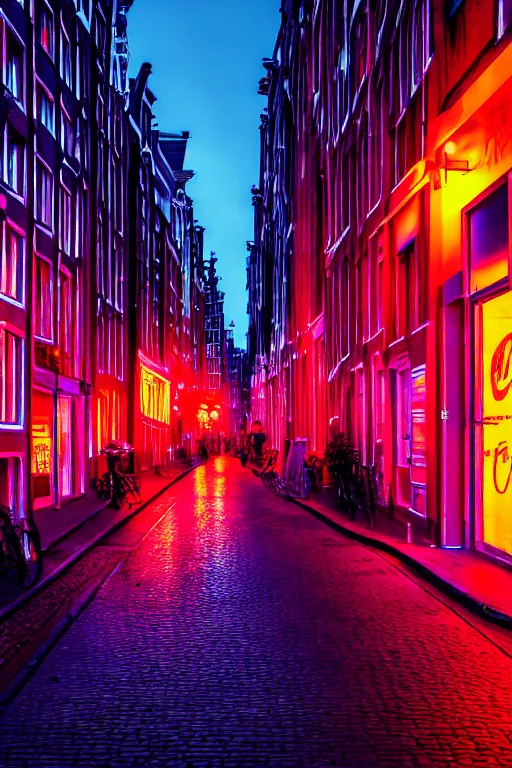 Prompt: neon streets of amsterdam, 4 k, award winning photo, cyberpunk style