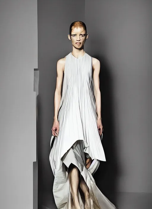 Image similar to an aesthetic portrait of a model detailed features wearing a cargo wedding dress - chic'techno fashion trend by issey miyake and balenciaga