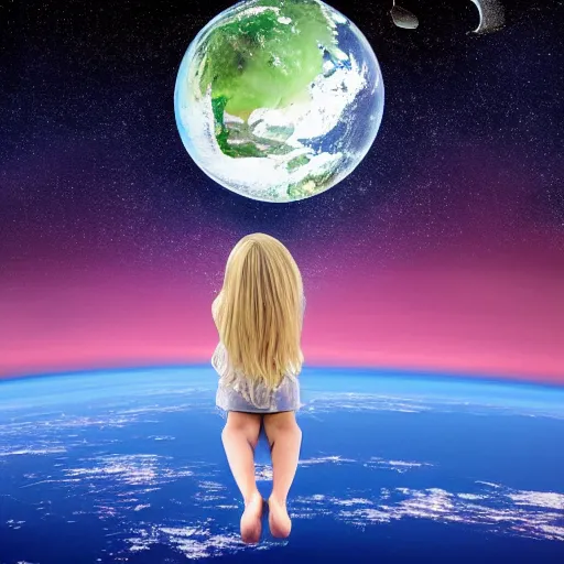 Prompt: There is a flat planet earth. On the edge of this planet A little girl with blonde hair sits with her legs hanging over the edge of a flat planet earth. The little girl is in profile. She looks at the stars, the galaxy, the moon, the shooting stars