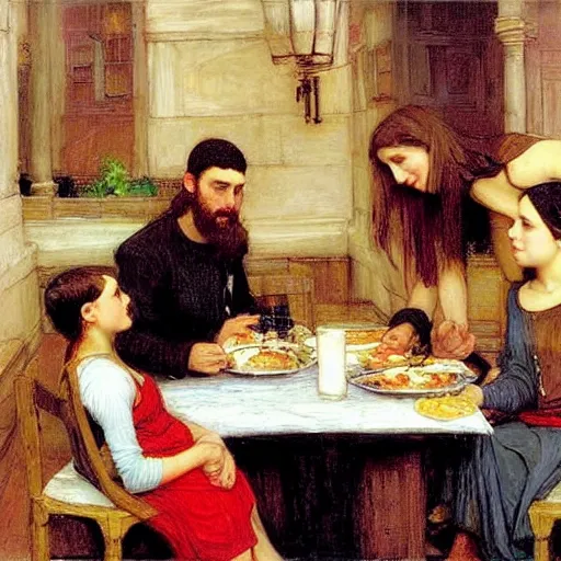 Image similar to a family eating shabbat dinner, painting in the style of john william waterhouse, highly detailed