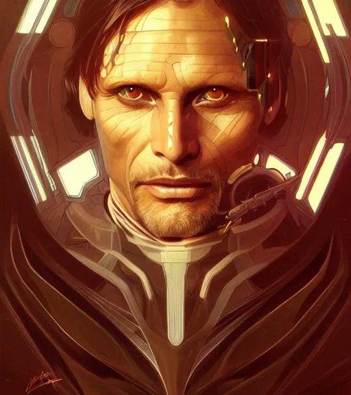 Prompt: symmetry portrait of viggo mortensen cyberborg ultra detailed, intricate, anime, dynamic lighting, digital art, digital painting, art station, wlop, sharp focus, illustration, art by artgerm and greg rutkowski and alphonse mucha