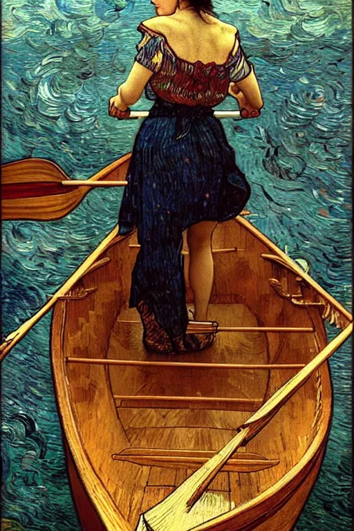 Prompt: woman rowing a boat with short dark hair by ayami kojima, van gogh, alphonse mucha, artstation, digital art