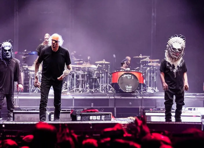 Image similar to publicity photo still of larry david touring with slipknot live on stage, 8 k, live concert lighting, mid shot