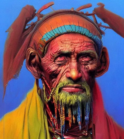 Prompt: Portrait painting in a style of Beksinski of an old shaman dressed in a colorful traditional clothes.