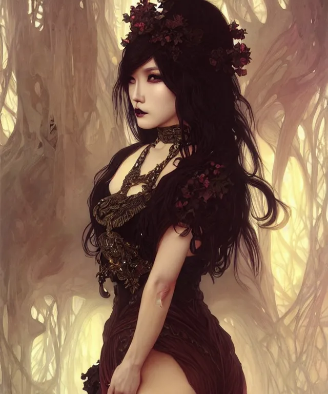 Prompt: hwasa as a fully-dressed gothic female fantasy satyr, portrait, fantasy, intricate, elegant, highly detailed, digital painting, artstation, concept art, smooth, sharp focus, illustration, art by artgerm and greg rutkowski and alphonse mucha
