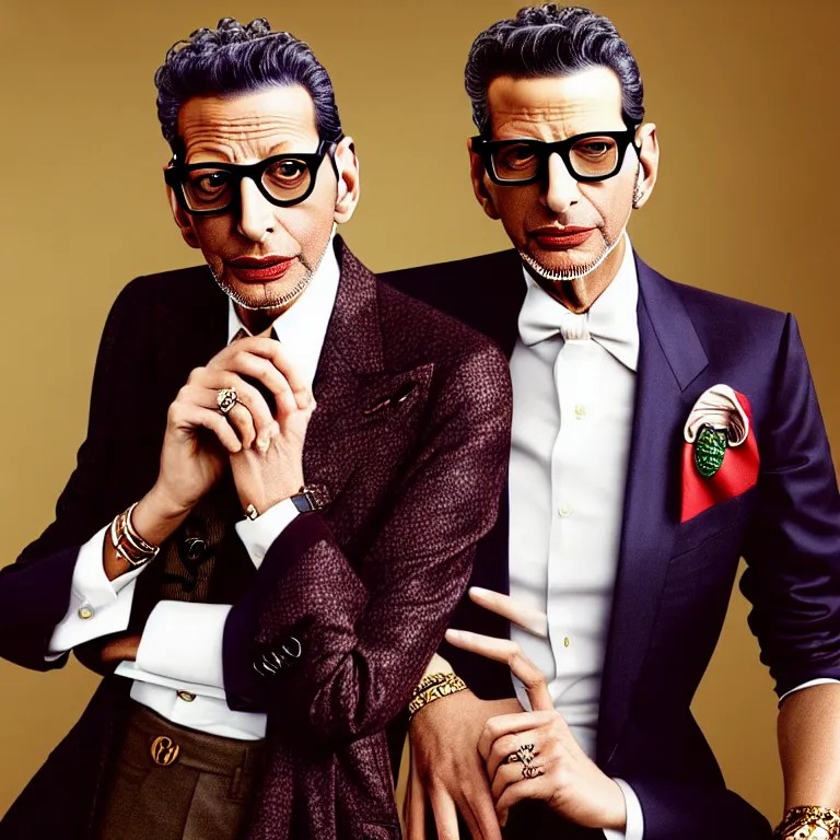 Prompt: a very beautiful gucci portrait of jeff goldblum, highly detailed, intricate, photography, fashion