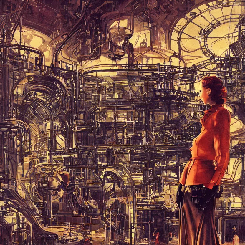 Image similar to a woman in a steampunk retrofuturistic control center for an industrial lava factory, by syd mead and norman rockwell. highly detailed digital art. retrofuturism. steampunk. beautiful lighting. trending on artstation.