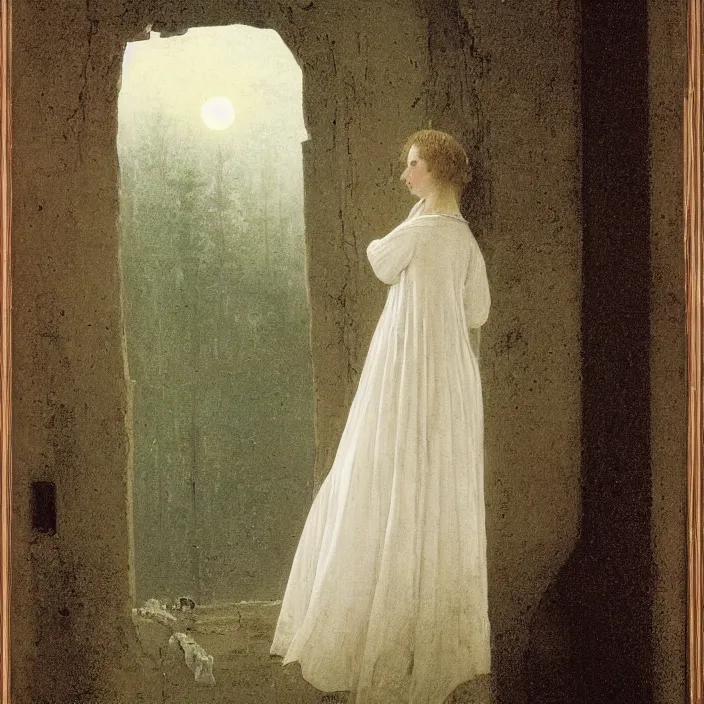 Image similar to painting of a broken window with a beautiful white woman on the outside by caspar david friedrich, at night