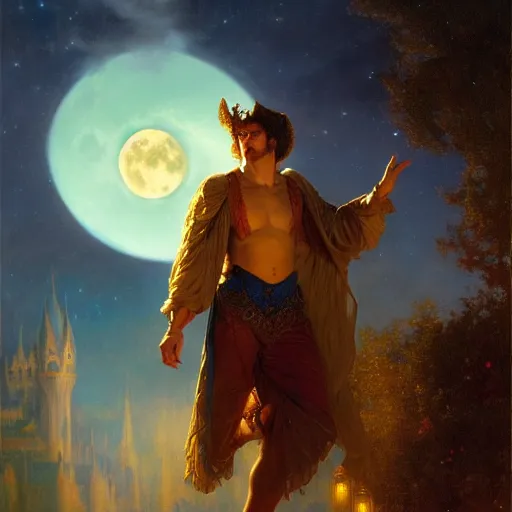 Image similar to attractive male wizard magically floating in the night, fantasy, full moon in background. highly detailed painting by gaston bussiere, craig mullins, j. c. leyendecker, mid shot, 8 k