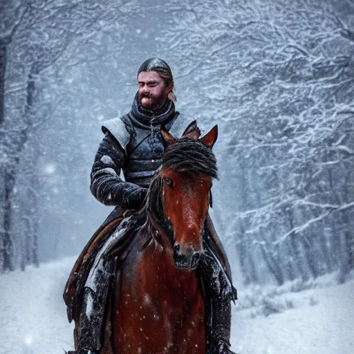 Prompt: A Nordian on horseback in the snowy mountains during a snowstorm, fantasy, medieval, highly detailed, Game of thrones style, Artstation