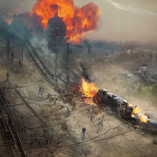 Image similar to a person at a trainwreck, devastation on the railroad, atmospheric smoke and fog, fire and flames, post-apocalyptic, Cinematic horror, high detail, 4k