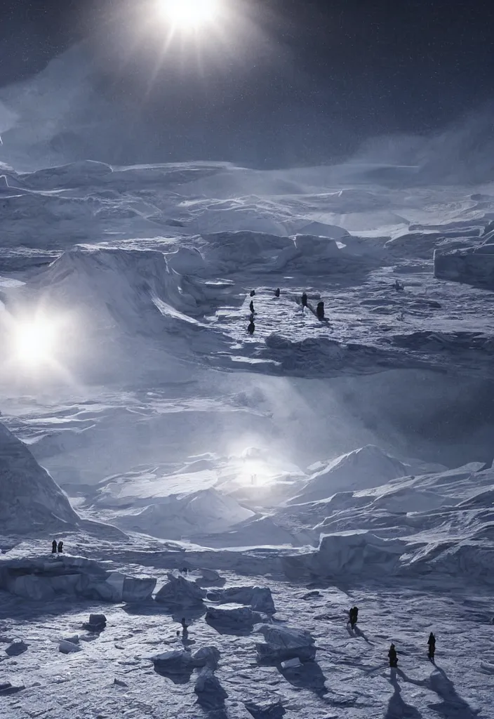 Prompt: Multiple connecting tunnels in antartica with a thin ice roof that reflect the sun in a beautiful way, multiple native people dancing in the tunnels around campfires and igloos, facinating and imposing, fantasy digital art, octane render, beautiful composition, trending on artstation, award-winning photograph, masterpiece