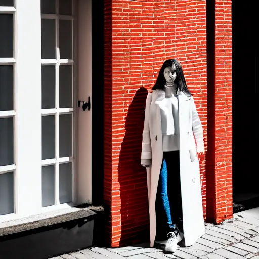 Prompt: un ultra high definition editorial photographic portrait of a female designer standing outside her trendy red brick london home wearing all white. wide angle. three point light. golden hour, golden ratio, ray tracing, volumetric light and shadow, shallow depth of field.