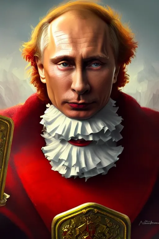 Image similar to vladimir putin as ronald mcdonald, closeup, d & d, fantasy, intricate, elegant, highly detailed, digital painting, artstation, concept art, matte, sharp focus, illustration, hearthstone, art by artgerm and greg rutkowski and alphonse mucha