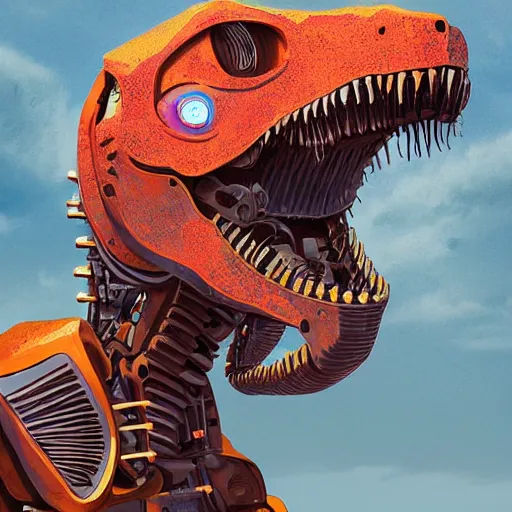 Image similar to a portrait photograph of a robot T-rex made of mechanical parts, cartoonish psychedelic paleoart rendering, realistic dinosaur cyborg in the style of simon stålenhag