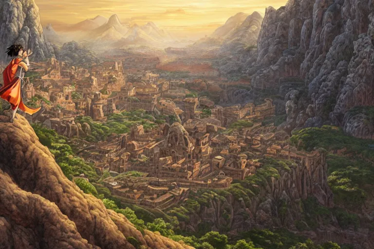 Image similar to an ultra detailed matte landscape painting of an extremely tall and strong young man with short brown hair standing on a cliff overlooking a medieval capital built on top of many hills, italian renaissance architecture, epic anime fantasy, 8 k, volumetric lighting, smooth, highly detailed, digital illustration, art by kentaro miura and akira toriyama and artgerm