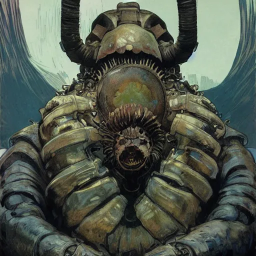 Image similar to portrait of hulking, brutish clone with vacant expression and giant isopod attached to back of neck, wearing brutalist black steel power armor and camoflauge cloak, clearly visible face, science fiction concept art by Anato Finnstark, Alphonse Mucha, and Greg Rutkowski