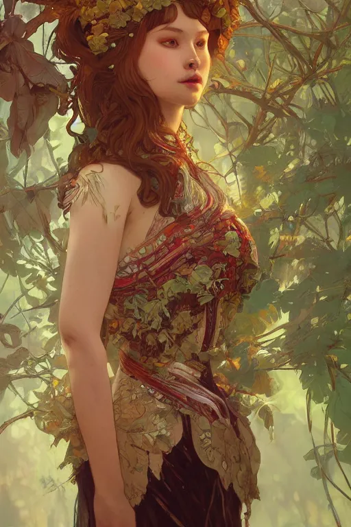 Prompt: full body forest queen akimbo portrait highly detailed, digital painting, artstation, concept art, smooth and sharp focus, illustration, art by tian zi and wlop and alphonse mucha