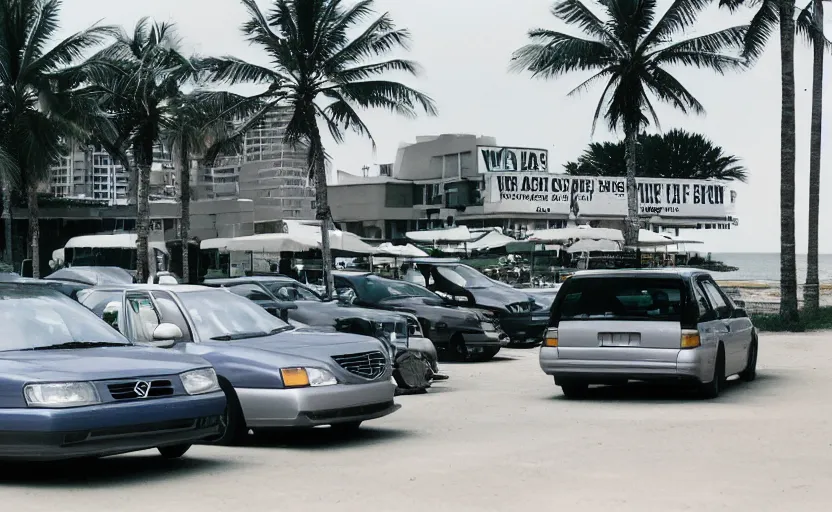 Prompt: VHS footage of a 1998 volvo car parked in the parking lot of a beach