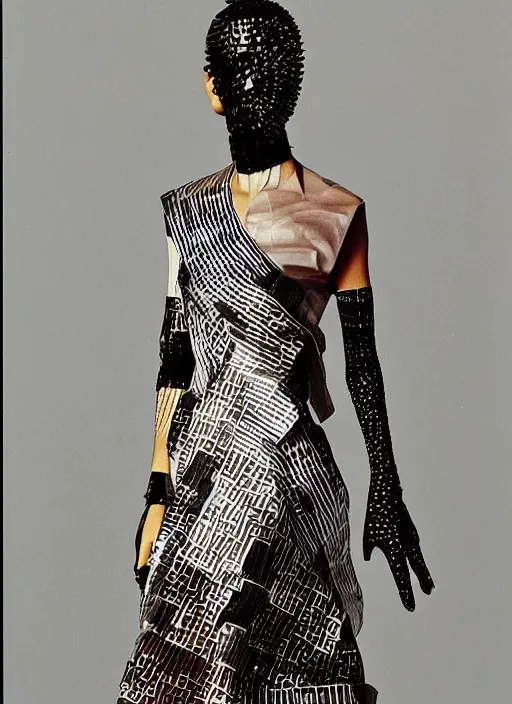 Image similar to a early 0 0's aesthetic portrait of a model detailed features wearing a cargo wedding dress - chic'techno fashion trend by issey miyake and mitsuo katsui