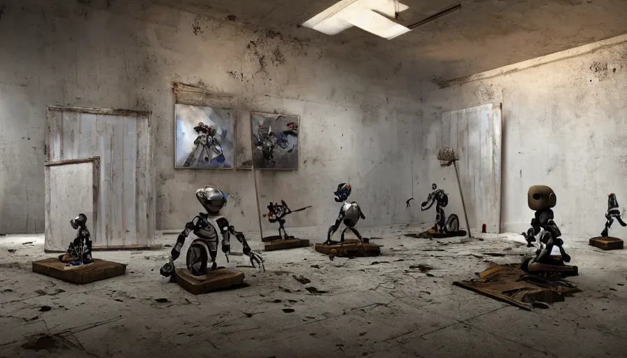 Prompt: robots in an abandoned decrepit art gallery, photos of natural landscapes on walls, robots stand in front of landscape paintings, robots holding paintbrushes and easels, landscape paintings on canvas, 4 k, dramatic lighting, cinematic lighting, robot painter, canvases