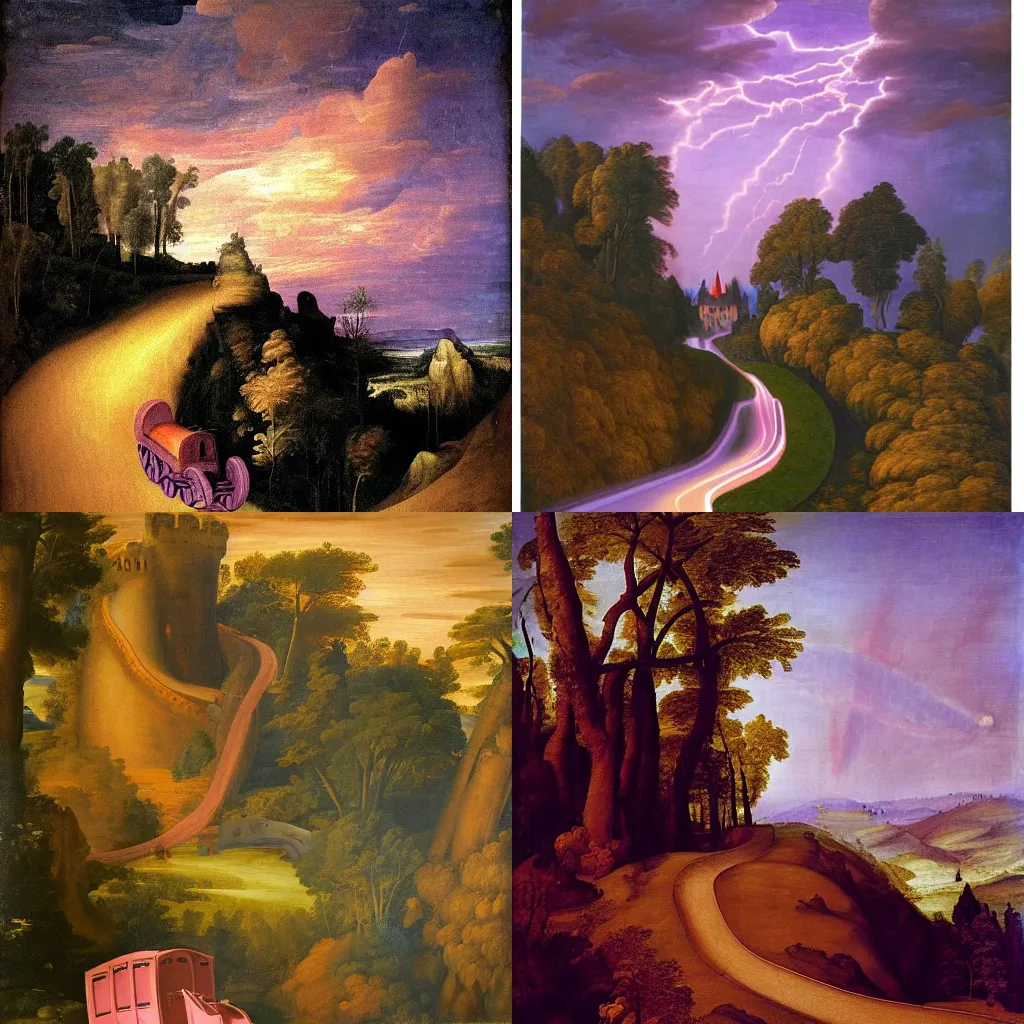 Prompt: renaissance painting of a steep and multiple curves path to a violet evil fantasy castle on a high dark blue hill at night, orange to pink gradient sky and thunderstorm background. forest underneath. glowing wagon on the path