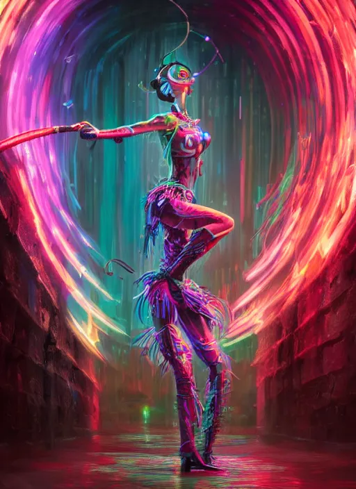 Image similar to An epic fantasy comic book style portrait painting of a very beautiful cyberpunk Hula Dancer in the rain, neon reflections, character design by Mark Ryden and Pixar and Hayao Miyazaki, unreal 5, DAZ, hyperrealistic, octane render, cosplay, RPG portrait, dynamic lighting, intricate detail, cinematic