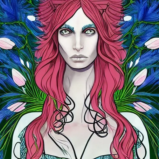 Image similar to the non-binary deity of Spring, she resembles a mix of Grimes, Aurora Aksnes, and Zoë Kravitz, in a style blend of Botticelli and Æon Flux, stunningly detailed artwork