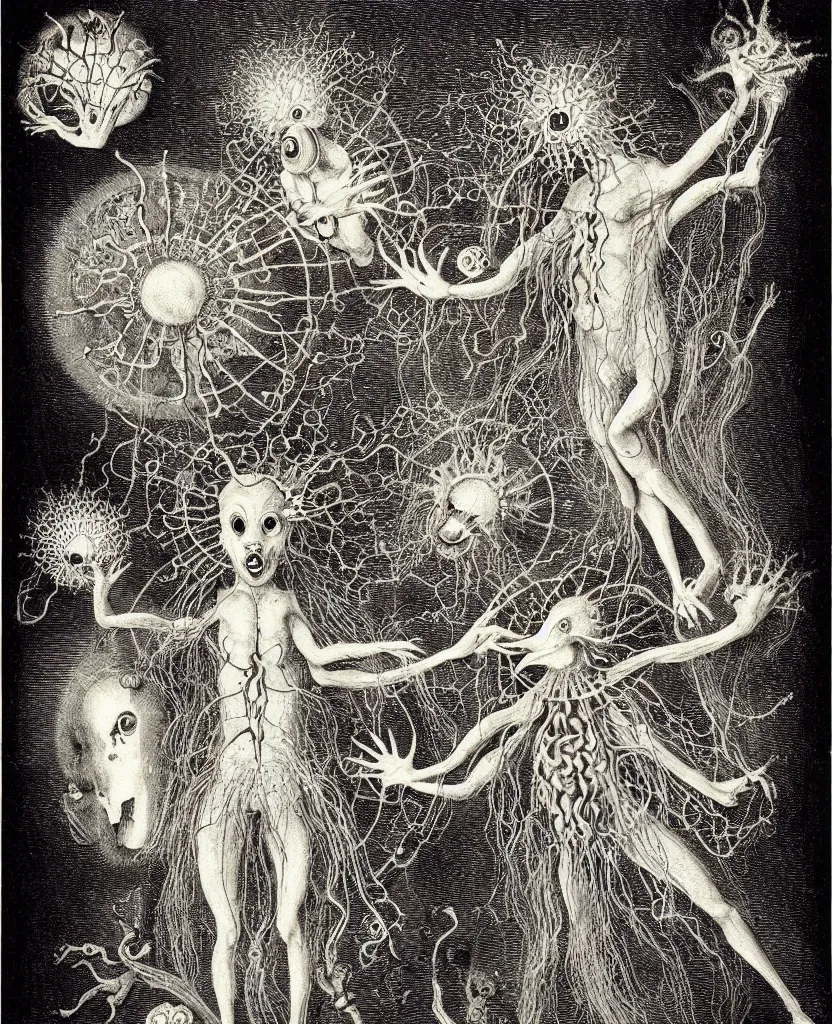 Image similar to whimsical freaky creature sings a unique canto about'as above so below'being ignited by the spirit of haeckel and robert fludd, breakthrough is iminent, glory be to the magic within