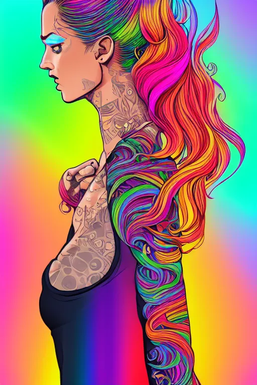 Image similar to a award winning half body portrait of a beautiful woman with stunning eyes in a printed croptop and cargo pants with rainbow colored ombre hairstyle head in motion and hair flying by josan gonzales, outrun, vaporware, shaded flat illustration, digital art, trending on artstation, highly detailed, fine detail, intricate