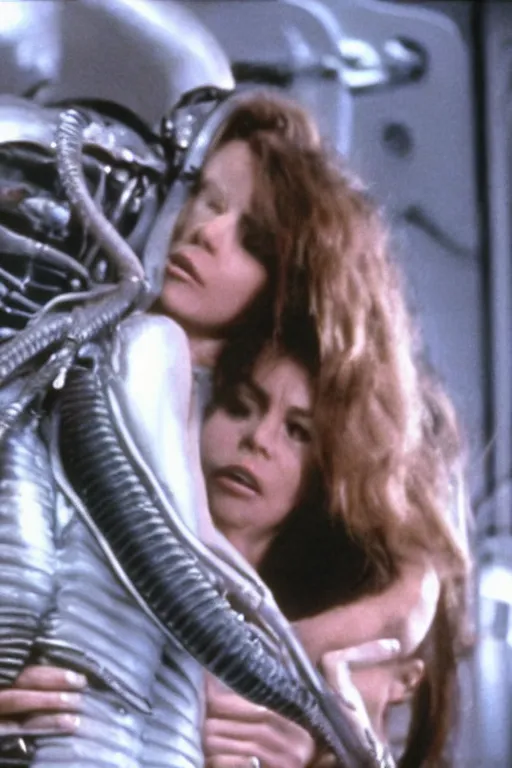 Image similar to film still of sofia vergara in the movie Alien, xenomorph holding sofia in a chokehold, sofia unconscious, cinematic shot, 4k.