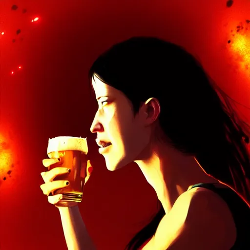 Image similar to a girl drinking beer in black hole, detailed digital art by greg rutkowski.