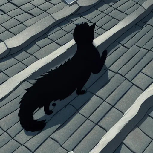 Image similar to a wholesome animation key shot of a black cat walking in the edge of a roof with tiles, medium shot, studio ghibli, pixar and disney animation, sharp, rendered in unreal engine 5, anime key art by greg rutkowski, bloom, dramatic lighting