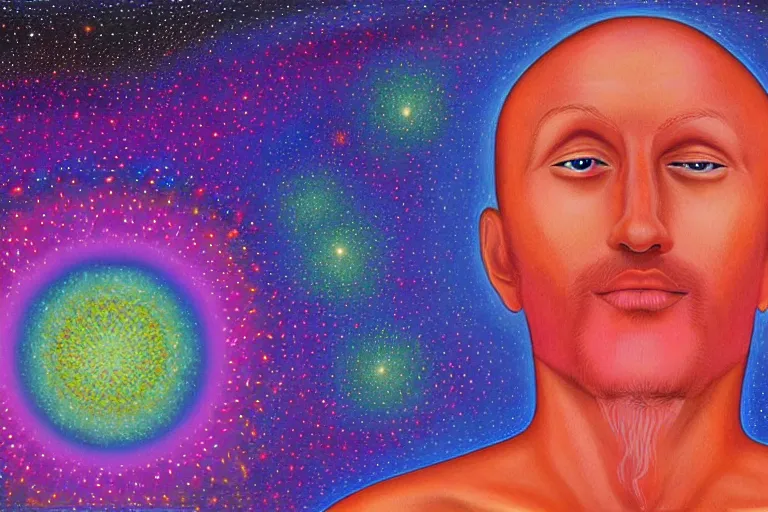 Image similar to digital art of a spiritual man looking up at the stars, glowing light, acrylic art, universe, painting, pastel colors, alex grey,