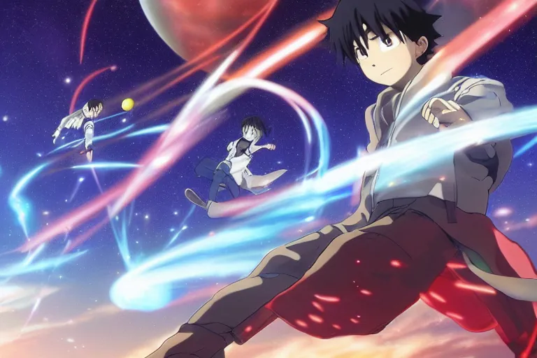 Prompt: Tonemapped Shonen protagonist!! splitting a gas giant in half like Parting of the Red Sea, with pack of Space Whales fly through an interdimensional rift! in background by (Hiromu Arakawa), Makoto Shinkai and (Cain Kuga)